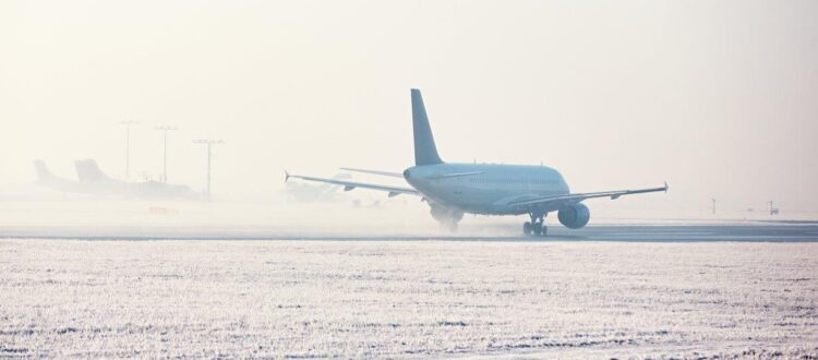 Plane landing in Midway airport winter day